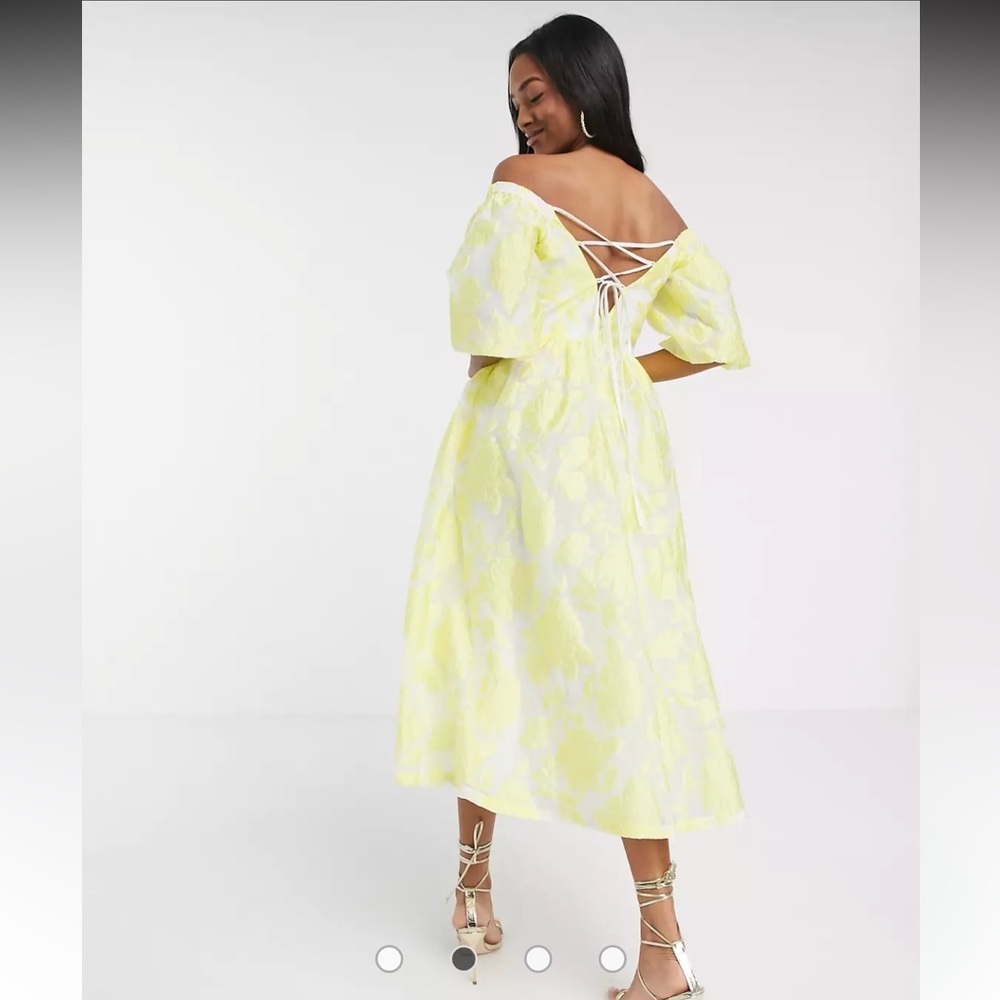 ASOS Puff Sleeve Midi Floral Organza Dress in Yellow